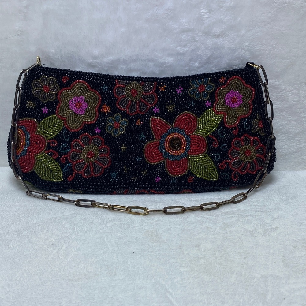 Black Beaded Evening‎ Baguette Bag Color Purse Clutch with Chain Strap Flowers